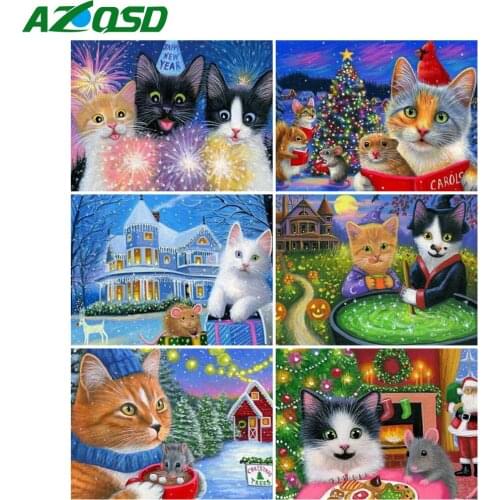 AZQSD Diamond Painting Christmas Cat Cross Stitch Diamond Embroidery Animal Full Square/Round Drill Handmade Home Decor Gift