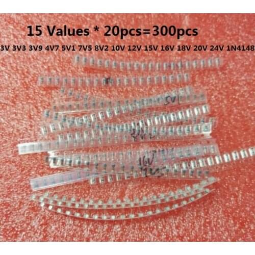 Free Shipping 15 values * 20pcs=300pcs LL34 SMD Zener diode package 1/2W 3v-24v 0.5W 15 kinds *20pcs=300pcs 1N4148 KIT