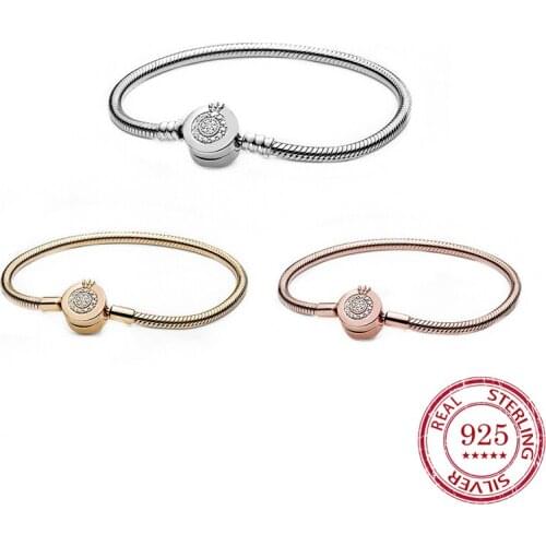 Moment Glittering Sparkling Crown O Snake Chain Bracelet 100% Real 925 Sterling Silver Bracelet Fit Pandoraer Charms Diy Jewelry