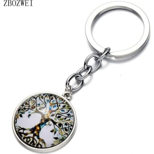Cat/Skull/Dragon/Tree of Life Round Glass Pendant Convex Key Chain Retro Animal Keychain