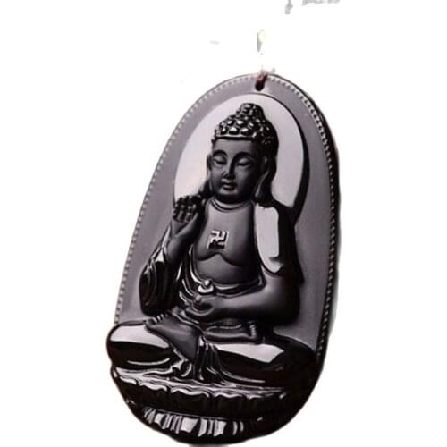 Black 100% Natural A Obsidian Carved Buddha Pendant Giving black rope Guanyin