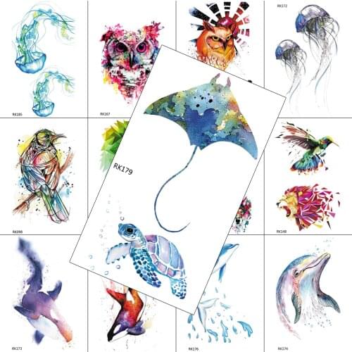 DIY Watercolor Devil Fish Turtle Temporary Tattoos Fake Body Art Arm Chest Tattoos For Men Women Kids Realistic Sheets Sticker