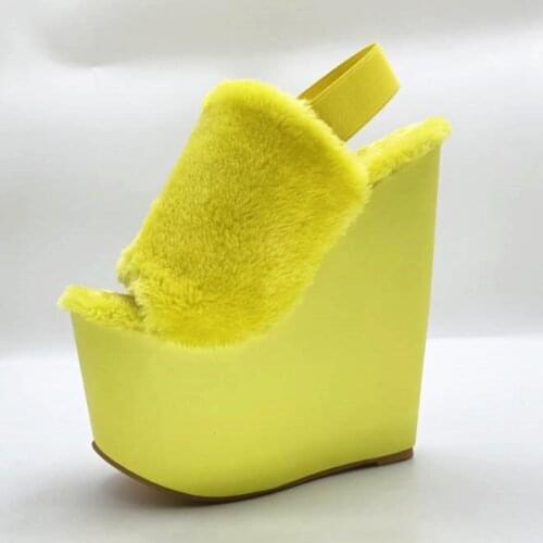 FGHGF NEW Womens 20CM wedge sandals, pink sexy hair slippers, yellow sexy fashion hair slippers