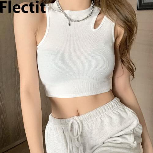 Flectit Women Ribbed Tank Top With Cold Shoulder Cut Out Fitted Crop Knit Top Basic Casual Outfit