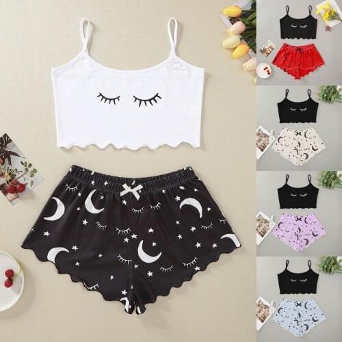 Women Sleepwear Set Moon Star Eyelash Print Home Tracksuit Camis + Shorts Suit Ladies fashion hot tops shorts home clothes