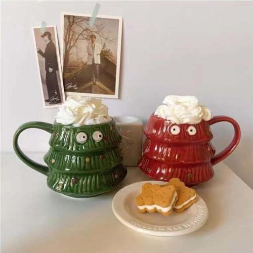 Korean Creative Kawaii Christmas Tree Couple Mug Ceramic Cup Christmas Birthday Gift Cute and Smart Little Eyes Peek At You