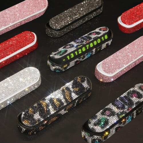 Leopard Rhinestone Chic Temporary Parking Card Decoration Crystal Car Bling Interior Accessories Luminous Phone Number Plate