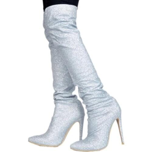 Hot Selling Winter Brand Woman Sliver Sequined Cloth Bling Bling Crystal Diamond Pointed Toe Over The Knee Thigh Long Boots Lady