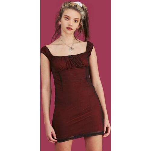 Sexy Purple Mesh Women Mini Dresses Harajuku Girls Square Collar Dress Streetwear Chic Bodycon Vestido Femme Fashion Short Dress