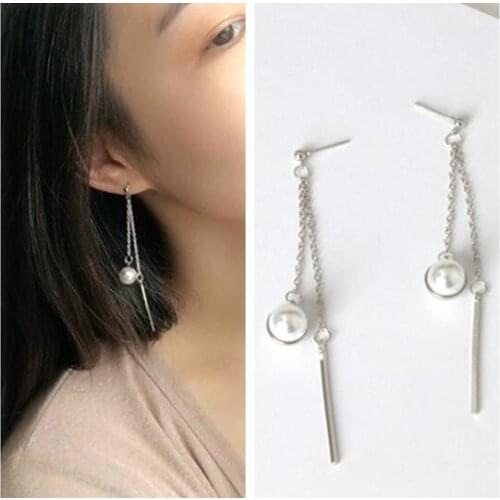 Ex510 Korean version Fashion simple imitation pearl Double layer tassel Chain earrings Womens Jewelry Accessories