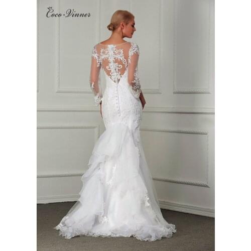 Vestido De Noiva Long Sleeve Sheer neck Custom Made Pearls Beading Embroidery Lace Fashion Mermaid Wedding Dress W0004