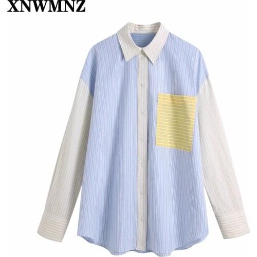 XNWMNZ Women Fashion Patchwork Pockets Striped Boyfriend Style Shirt Female contrast stripes long cuff Shirts Blusas Chic Tops