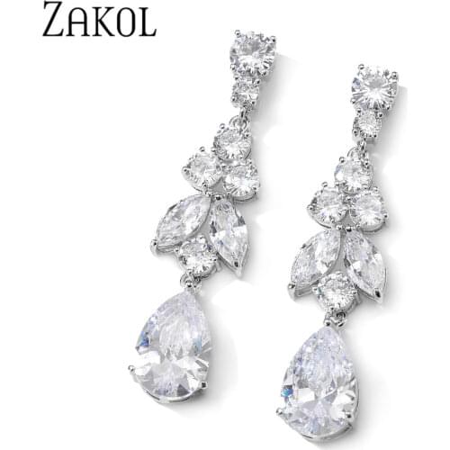 ZAKOL New Trendy White Water Drop Cubic Zirconia Women Wedding Earrings Shiny Crystal Leaf Bridal Wedding Jewelry Gift FSEP2730
