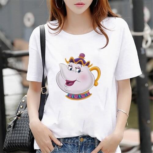 New Arrival Mrs.Potts Print Women T Shirt Summer Short Sleeve Casual O-neck Tshirts Beauty and The Beast Graphic T-shirts
