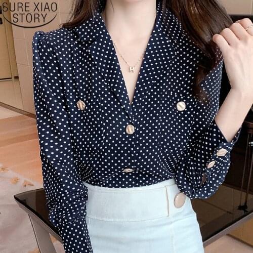 Fashion Polka Dot Chiffon Shirt 2021 Autumn New Shirt Suit Collar Long Sleeve Blouse Office Lady Women Tops V-neck Clothes 17162