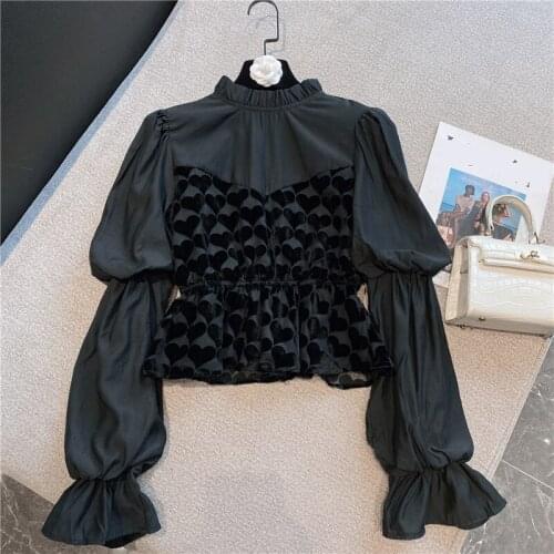 Sweet Puffy Sleeves Loving Hearts Velvet Patchwork Women Shirts Retro Chic Ladies Blouse Top
