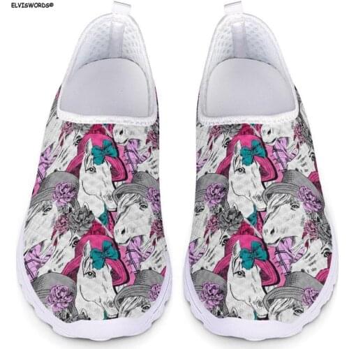 ELVISWORDS Cute Women Sneakers Flats Shoes Horse Pattern Spring Summer Ladies Breathable Comfortable Mesh Shos for Teen Girls