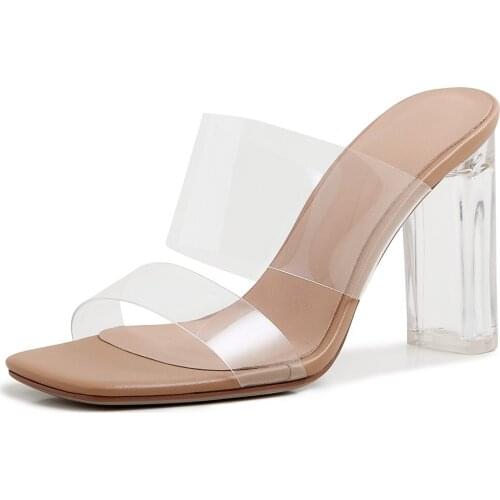 2021 Summer New Womens Slippers High Quality Transparent Fabric 6cm 9cm Shoes Nude Open Toe Women Sandals