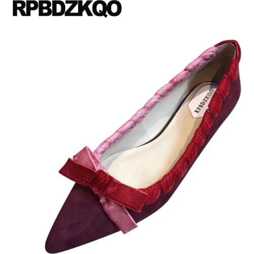 Red wine slip on ladies pointed toe chinese women flats shoes with little cute bowtie footwear suede latest designer 2019 bow