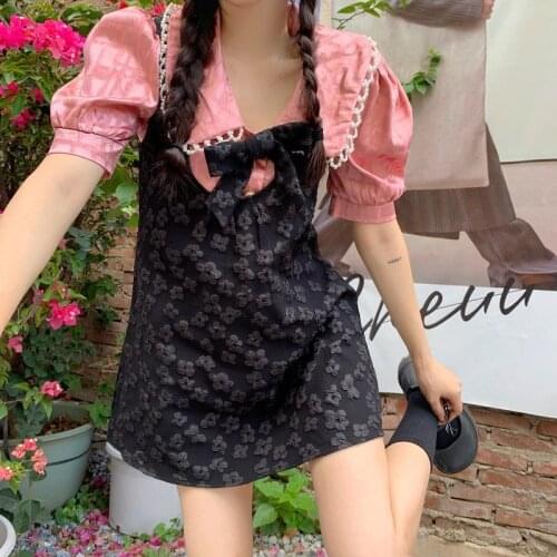 2021 Summer Casual Two Piece Set Women Pink Kawaii Blouse Shirt Print Floral Dress Suit Sexy Mini Dress Sweet Blouse Tops Set