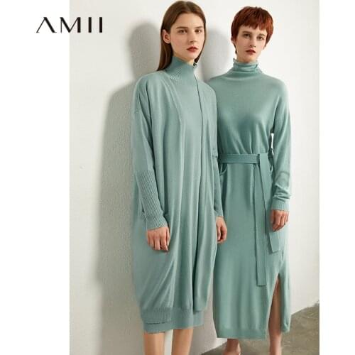 AMII Minimalism Autumn Knitted Women Cardigan Causal Solid Full Sleeve Knee-length Women Coat Female Overcoat 12030245