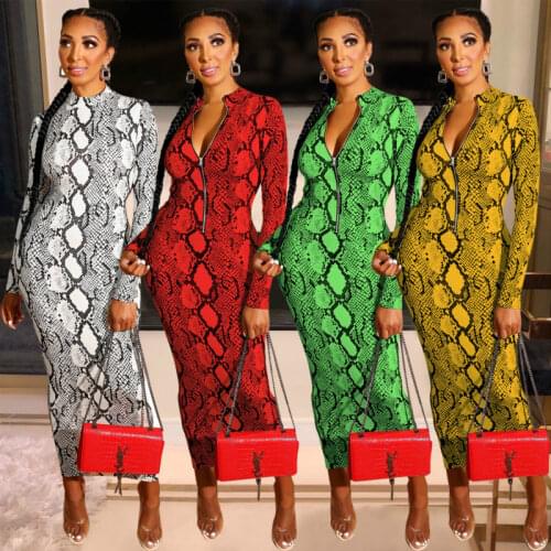 Snake Dress Women Long Sleeve Long Snake Print Dress Yellow Green Purple Orange Red Black Pencil Dress Bodycon Party Casual Robe