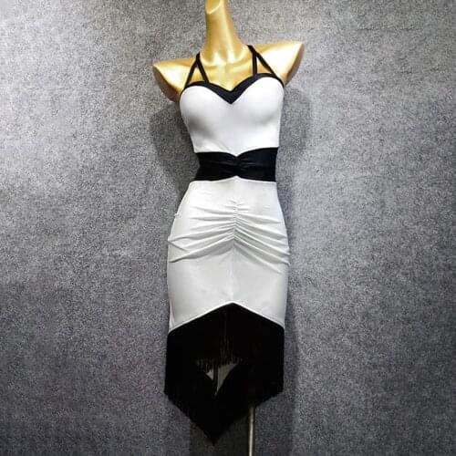 2020 New Sleeveless White and Black Patchwork Tassel Latin Dance Dress Dancing Performance Women Dress Ballroom Samba Tango W358