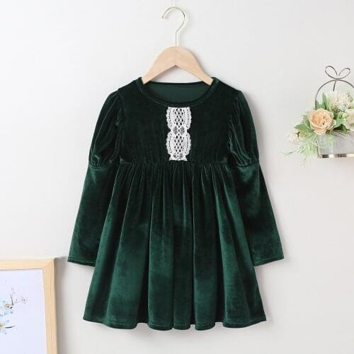 Winter 2021 New Arrivals Girls Dress Velvet Long Sleeve O Neck Lace Blackish Green Cute Streetwear Dresses Vestidos 18M-6T