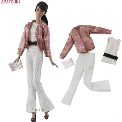 1Set Pink White Clothes Set Suit for Barbie Doll Outfits Fashion Jacket Top Pants Handbag Purse 1/6 Accessories Kids Toys DIY