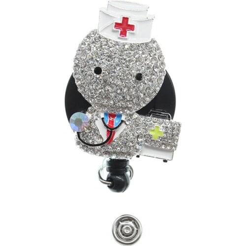 100pcs/lot New arrival medical Cute cartoon Rhinestone shining doctor Retractable animal ID Badge Holder/brooch