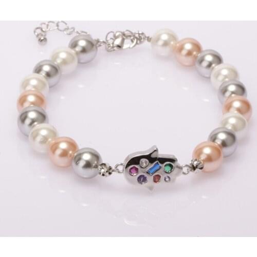2020 Rainbow Cz Crystal Gold Fatimas Hand Hamsa Protection Charm Round Pink Grey White Pearl Beaded Adjustable Women Bracelets