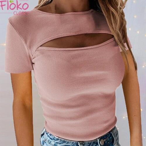 Flokocloset Sexy Chest Hollow Out Ribbed Knitted T-shirt Summer Short Sleeve Strench Tops Ladies Streetwear Tee