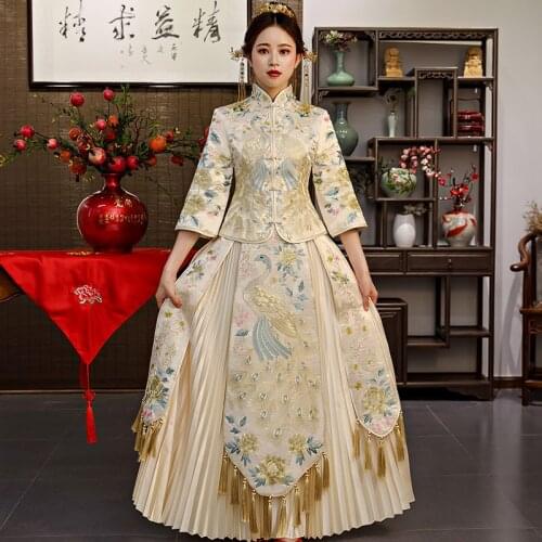 FZSLCYIYI Exquisite Peacock Embroidery Qipao Chinese Women Wedding Dress Red Classic Cheongsam Noble Tassel Dress