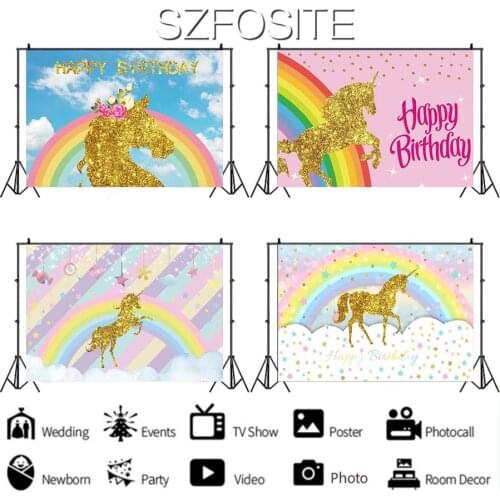 Blue Sky Rainbow Golden Unicorn Backdrop Photography Photo Girl Birthday Party Room Table Decoration Kid Custom Vinyl Background