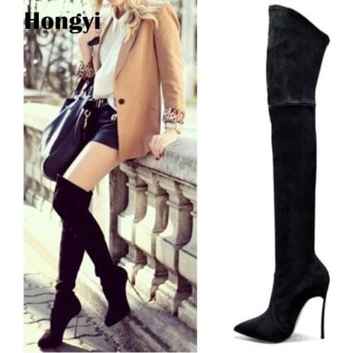 Hongyi Style Over the Knee Boots for Women Shoes Pointed Toe Pleated Suede High Heels Long Thigh High Boots Black Grey Sexy