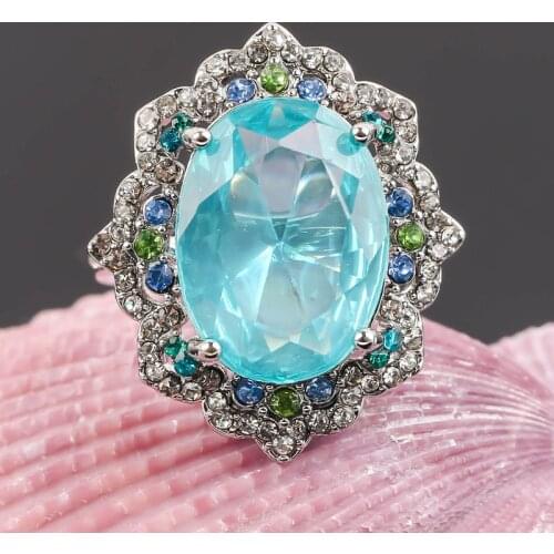Exquisite Large Blue Crystal Stone Rings for Women Wedding Luxury Jewelry Silver Plated Cubic Zirconia Ring Anniversary Gift