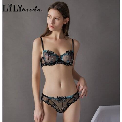 Lilymoda Women Ultrathin Underwer Lingerie Set Unlined Sexy Bra Brief Sets Push up Transparent Lace Embroidery Black Bra Panties