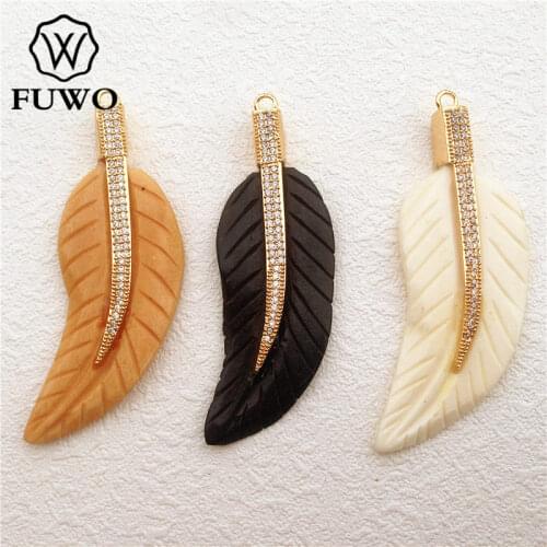 FUWO Natural Bone Carved Micro Pave Leaf Feather Pendant High Quality Multicolor DIY Jewelry Necklace Making Supplies PD1011