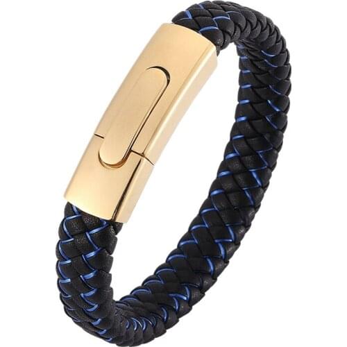 Men Jewelry Punk Braided Leather Hand Bracelet Male Golden S.Steel Buckle Fashion Leather Wristband Men Gifts PD0382