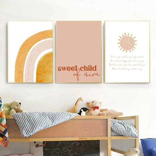 Boho Nursery Wall Art Canvas Painting Sun and Moon Rainbow Print Nordic Cartoon Poster Neutral Kindergarten Wall Pictures Decor