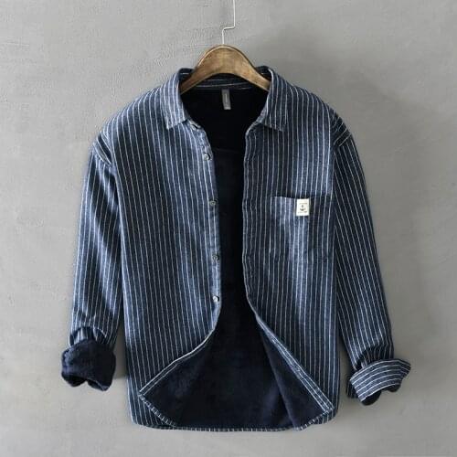 Newly Vintage Fashion Shirts High Quality Long Sleeve Winter Velvet Warm Casual Business Shirts Men Japanese Style Stripe Shirt