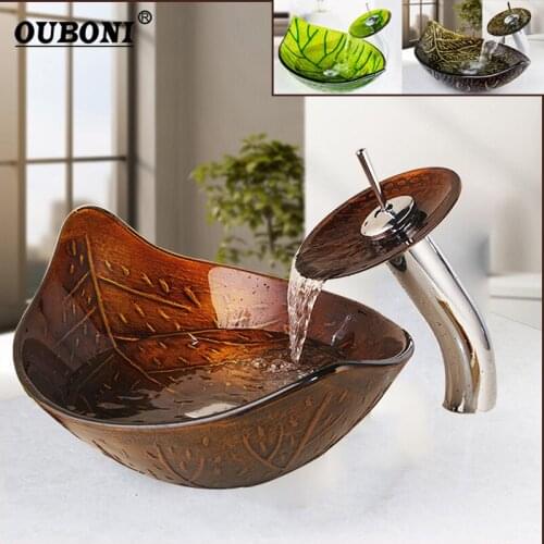 OUBONI Green Brown Leaf Vessel Waterfall Basin Tempered Glass Sink Bathroom Washbasin Sink Solid Brass Polish Faucet Mixer Tap