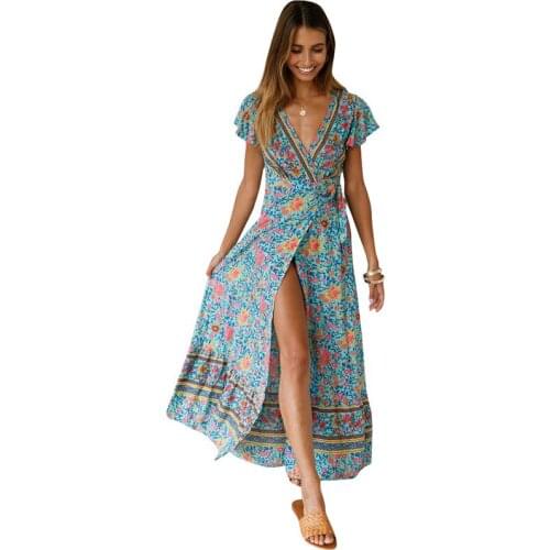QA390 New Summer Beach Dresses Womens Boho Print Maxi Dress Holiday Floral Casual Style Female Vestido