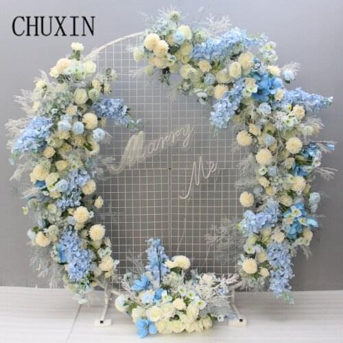 Custom Luxury Ice Blue Wedding Arch Floral Arrangement Artificial Rose Flower Row Decor Wedding Stage Background Layout Props