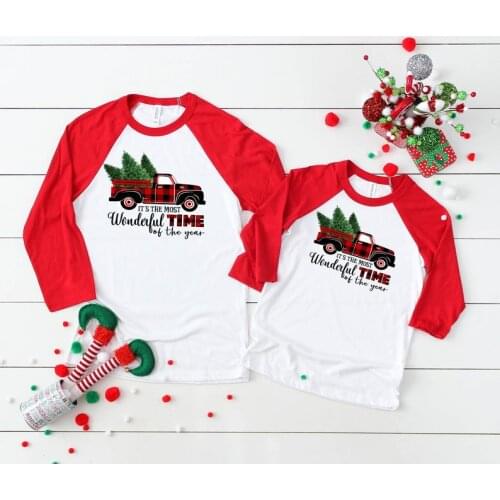 Parent-Child Christmas Shirt Fall Top Long Sleeve Round Neck Loose Car Tree Printed Unisex Festival Blouse