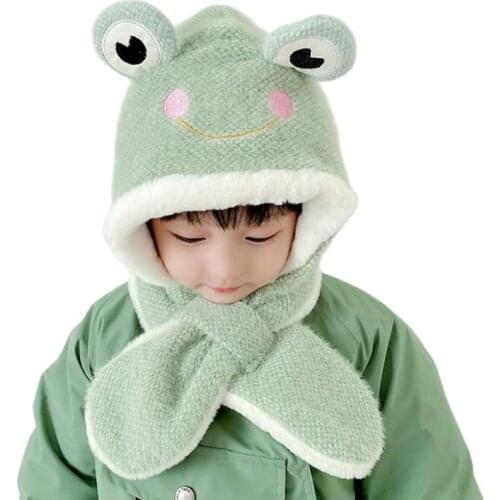Doitbest Cartoon Cute frog children winter hats beanies set kids Child Knitted fur hat scarf One-piece boys girls Earflap caps