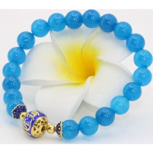 Blue 8mm round beads semi-precious stone jades chalcedony beads bracelet gold-color cloisonne fine jewelry making 7.5inch B2701