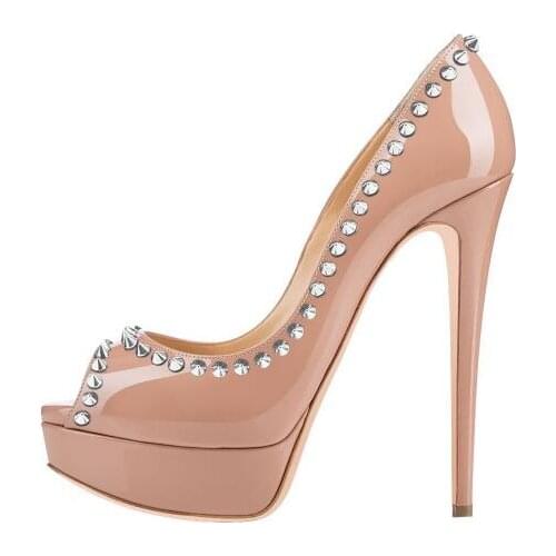 Sexy Blush Rivets Peep Toe High Heels Platform Pumps Stiletto Heels Shoes Woman Nude Patent Leather Party Wedding Shoes