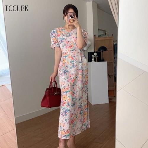 Vintage Elegant Dress Floral Split Lace Dress Korean One-Piece Fashion Simple O-Neck Dress New 2021 Womens Summer Dress 8191