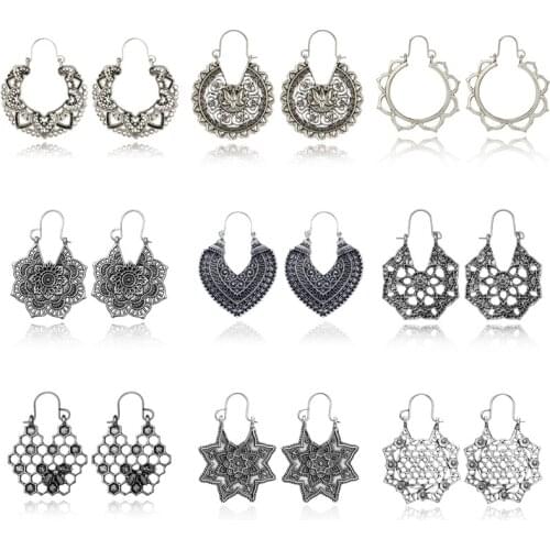 Tocona 14 Style Vintage Tribe Flower Heart Geometric Gold Silevr Meatal Drop Dangle Earrings For Women Pendant Party Jewelry